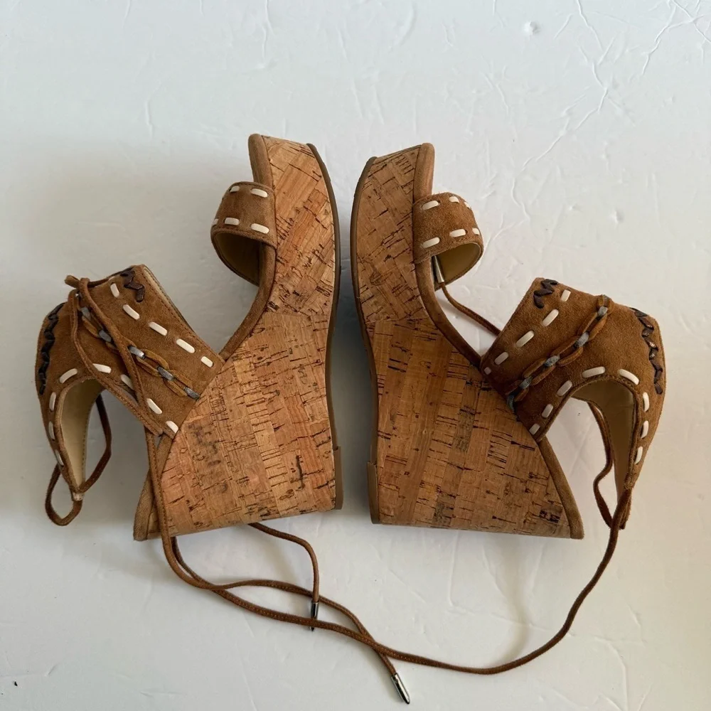 Boho Brown Tan Wedge Cork Platform Heel Sandals Ankle Strap Women Size 6